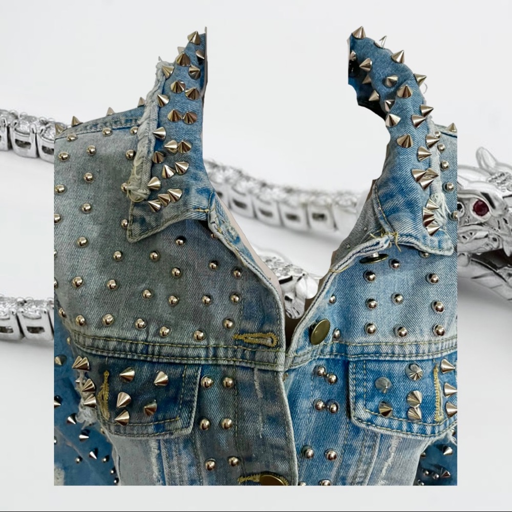Studded Spike Distressed Frayed Denim Jean Moto Jacket - Picture 5 of 9